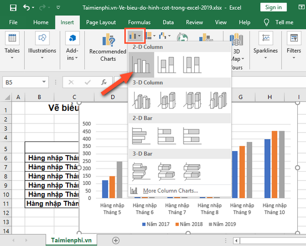 cach ve bieu do hinh cot trong excel 2019 2 cach ve bieu do hinh cot trong excel 2019 2