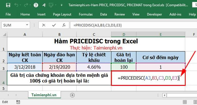 ham price pricedisc pricemat trong excel 5 ham price pricedisc pricemat trong excel 5