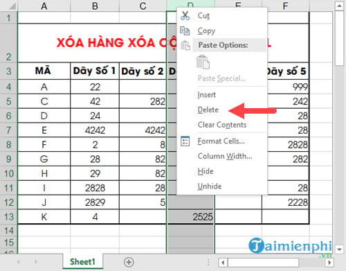 xoa hang cot trong Excel 5 xoa hang cot trong Excel 5