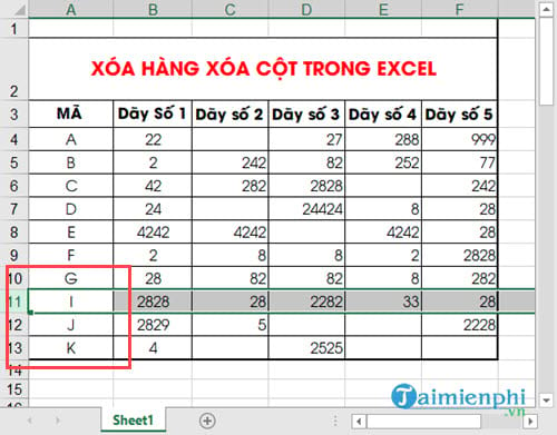 xoa hang cot trong Excel 9 xoa hang cot trong Excel 9