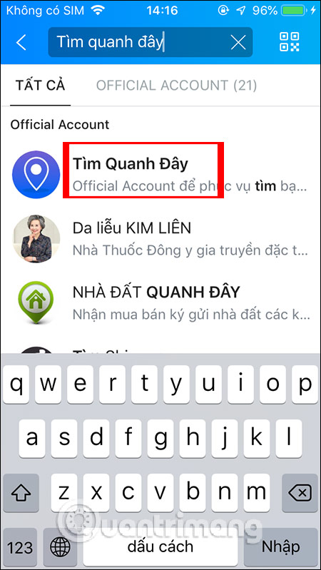 B1: Tìm quanh đây trên Zalo