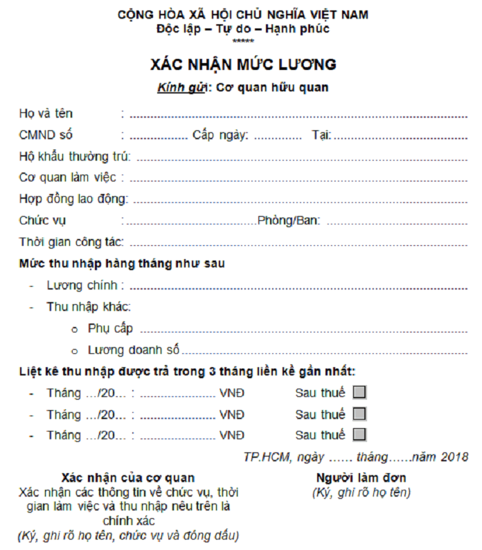 Đơn xin xác nhận mức lương