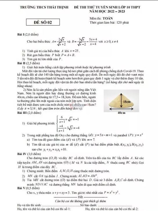 Đề thi thử môn Toán vào lớp 10 2022 Hà Nội Trường Thái Thịnh - Đề 2