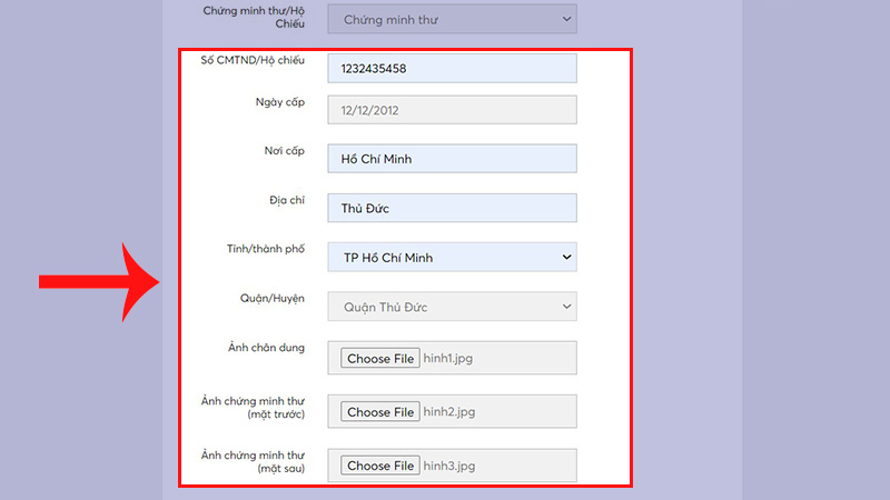 Vui lòng nhập thông tin chứng minh thư của bạn và tải ảnh của bạn lên