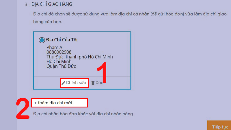 thay đổi địa chỉ giao hàng