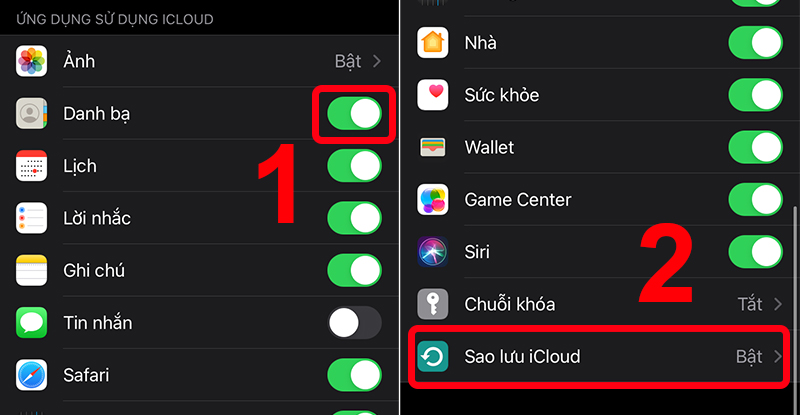 Bật danh bạ và chế độ sao lưu iCloud