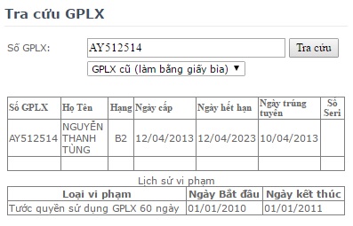 Thông tin về vi phạm giấy phép lái xe