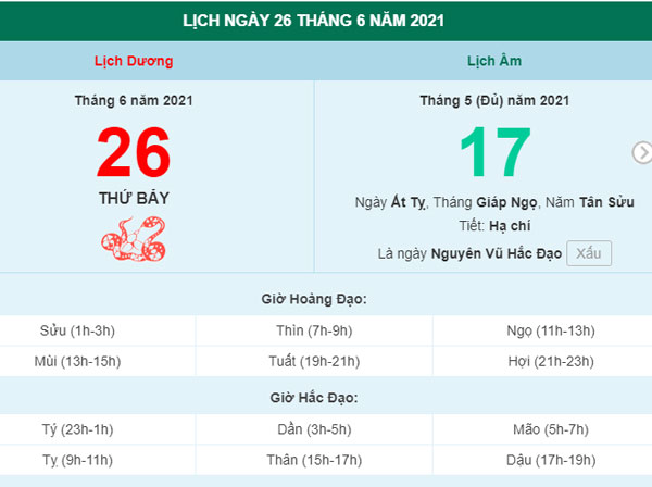 Xem lịch ngày 26/6/2021.