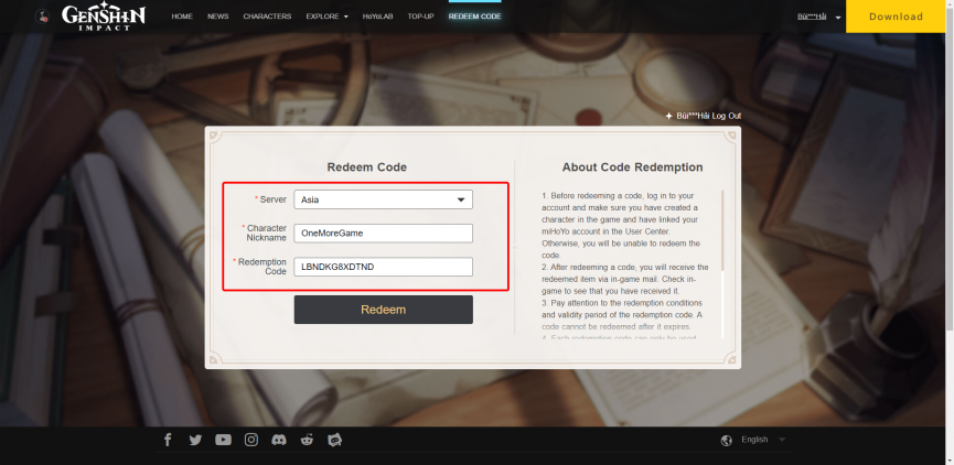 nhập code genshin impact