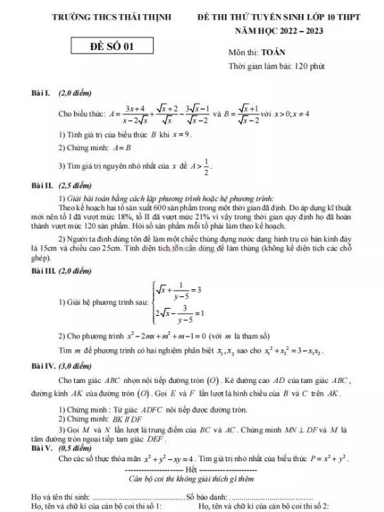 Đề thi thử môn Toán vào lớp 10 2022 Hà Nội Trường Thái Thịnh