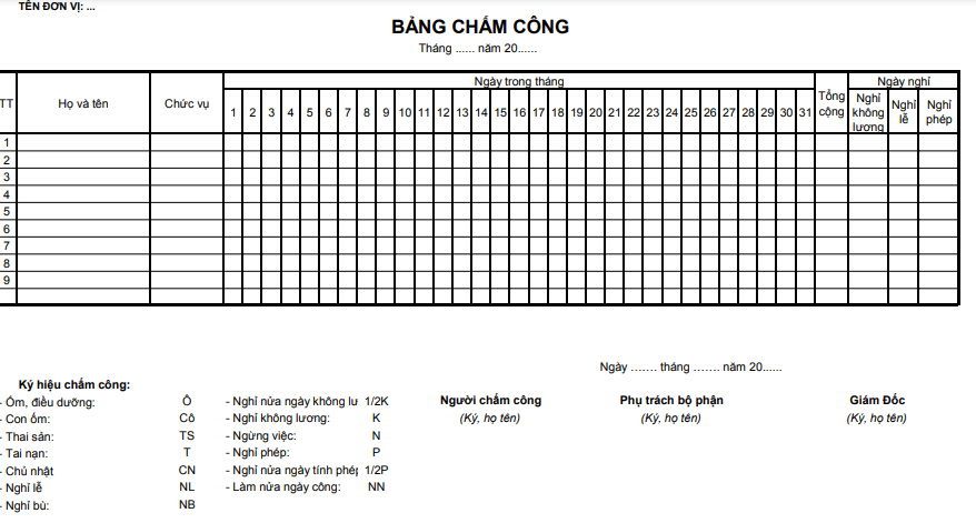 Mẫu bảng chấm công hiện đại