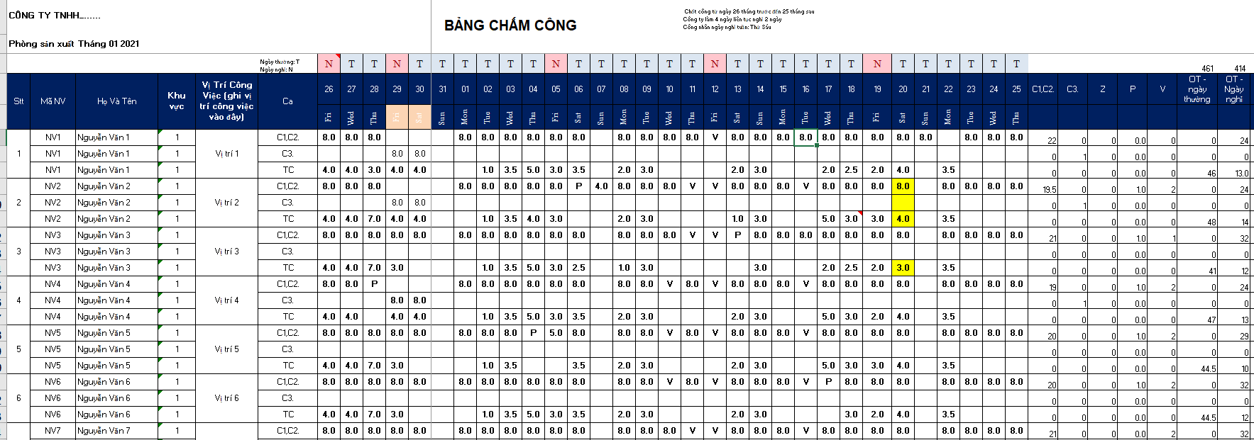 Mẫu bảng chấm công mới nhất 2022