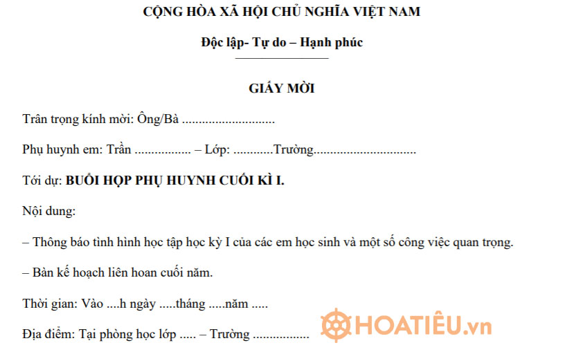 Thư mời họp phụ huynh cuối kỳ Mẫu I