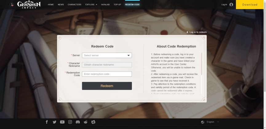 vào website nhập code genshin impact
