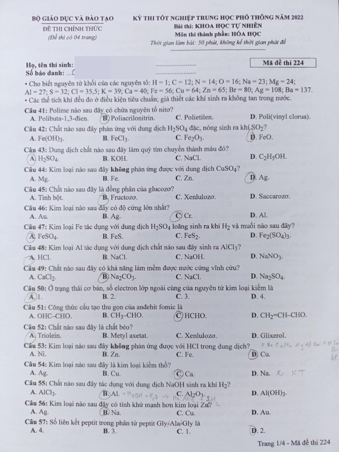 Đề môn Hóa thi tốt nghiệp THPT 2022