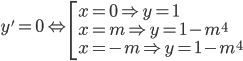 y' = 0 Leftrightarrow left[ begin{array}{l}x = 0 Rightarrow y = 1x = m Rightarrow y = 1 - {m^4}x = - m Rightarrow y = 1 - {m^4}end{array} right.