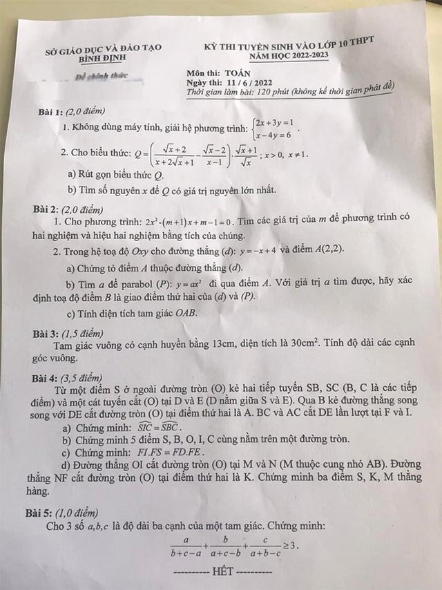 Đề thi vào lớp 10 môn Toán Bình Định năm 2022 - 2023